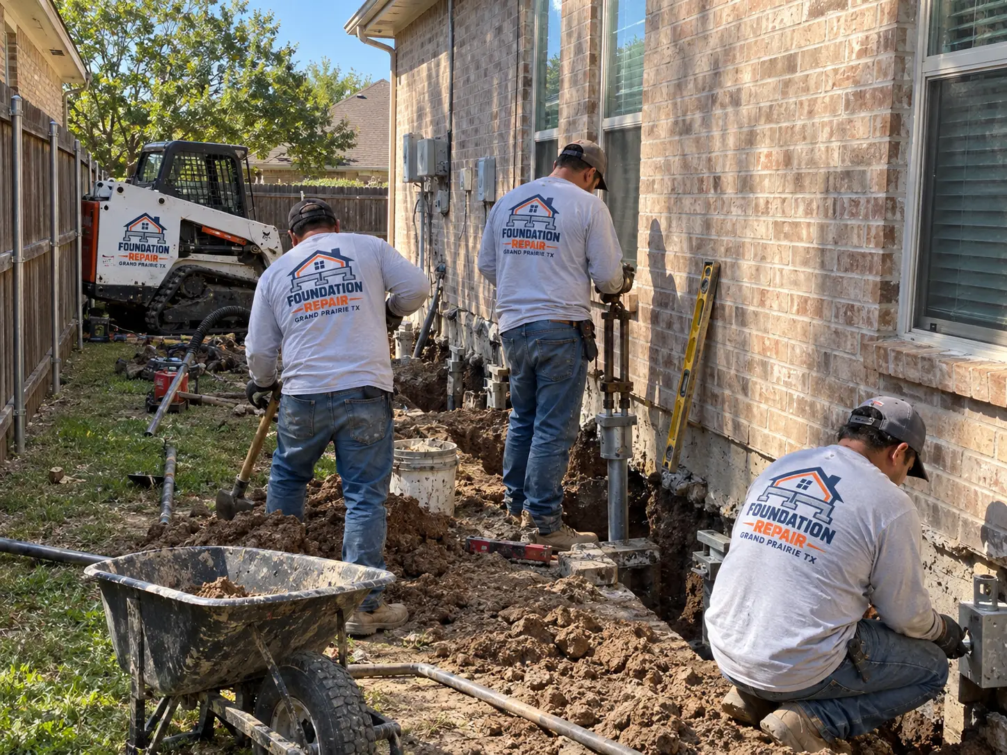 Crew excavating and setting foundation piers along a residential brick wall