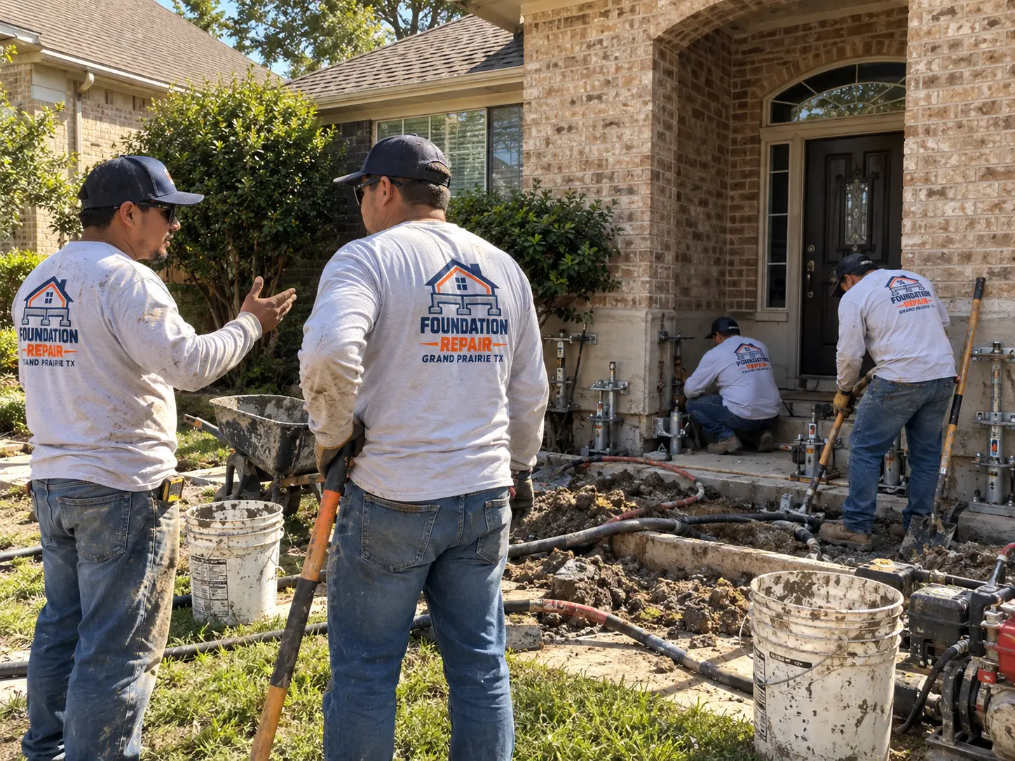 Foundation repair technicians discussing pier placement at a residential job site in Grand Prairie