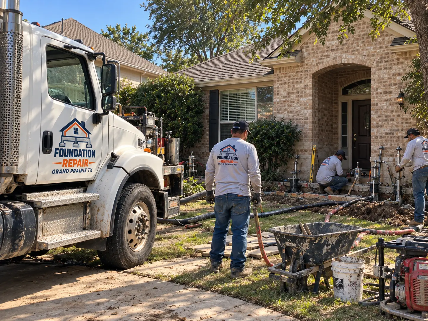 Foundation repair crew installing piers at a Grand Prairie home